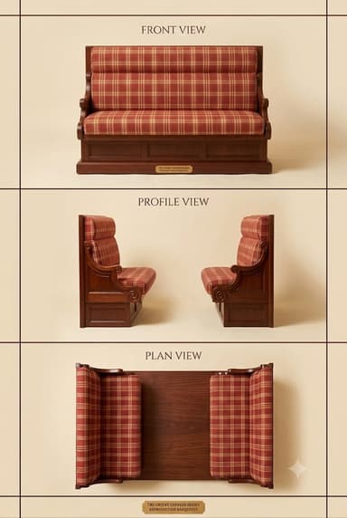 A traditional banquette seating unit featuring a dark, carved wooden frame and red and cream plaid upholstered seating. The backrest has three horizontally tufted sections, and the arms are low and scrolled. A small brass plaque is visible on the front. — 3D model