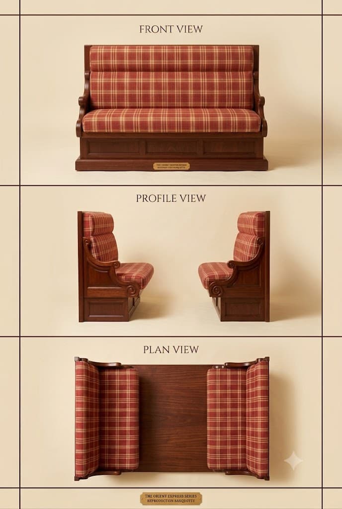 A traditional banquette seating unit featuring a dark, carved wooden frame and red and cream plaid upholstered seating. The backrest has three horizontally tufted sections, and the arms are low and scrolled. A small brass plaque is visible on the front. — 3D model