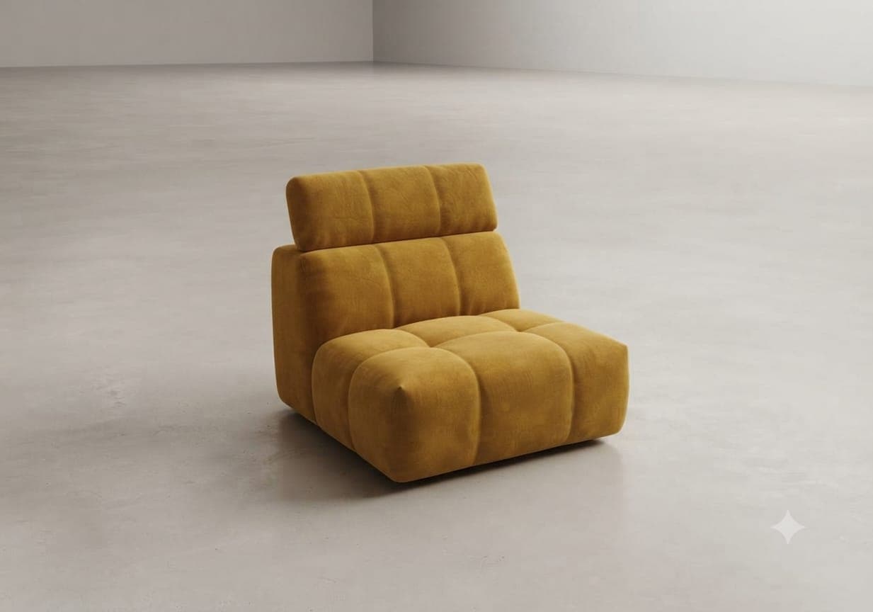 A mustard yellow, deeply tufted, armless lounge chair with a low-profile and a distinct modular aesthetic. Its upholstered blocks form a plush seat and a slightly angled backrest, emphasizing comfort and a relaxed posture. — 3D model