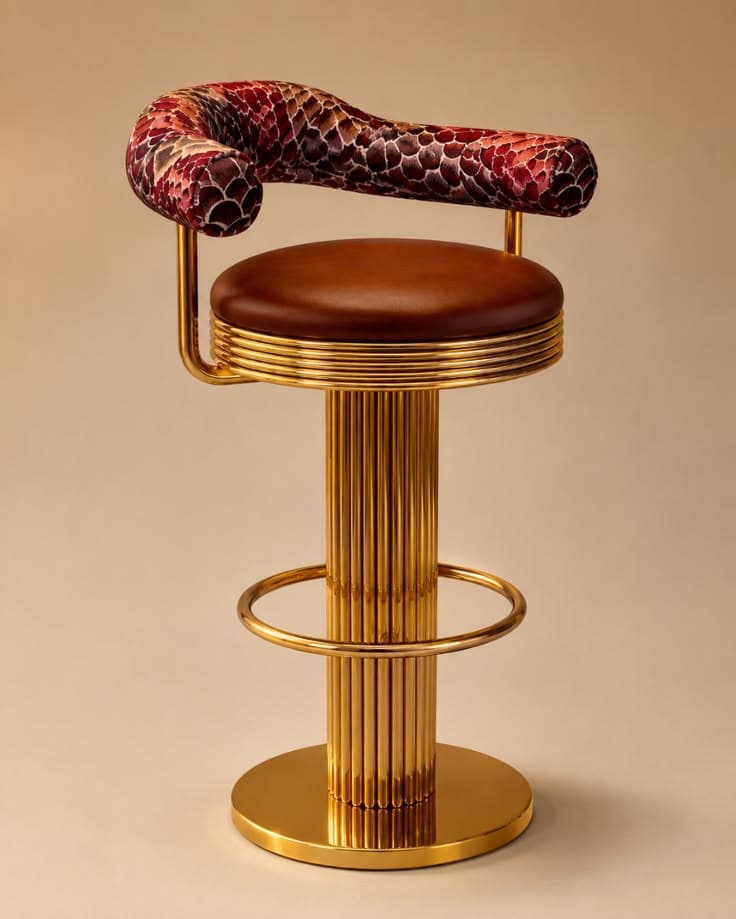 A high-backed bar stool featuring a serpentine, upholstered backrest with a reptilian print, a round brown faux leather seat, and a polished brass base with a fluted column and circular footrest. — 3D model