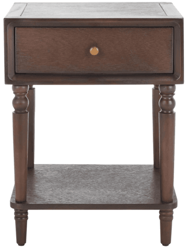 A dark brown wooden end table with a single drawer and a lower shelf. The table features turned legs and a simple, slightly recessed drawer front with a round knob. — 3D model