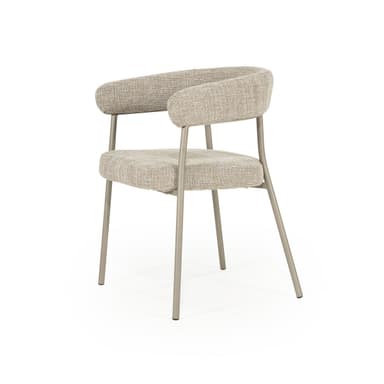 A contemporary armchair with a gently curved back and seat, upholstered in a textured beige fabric. The chair features slender, brushed metal legs and a minimalist frame, providing a modern aesthetic. — 3D model