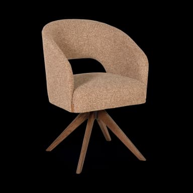 A modern accent chair with a curved backrest and a fixed seat. The chair features a swivel base with four splayed wooden legs. The upholstery has a textured weave with flecks of orange and brown. — 3D model