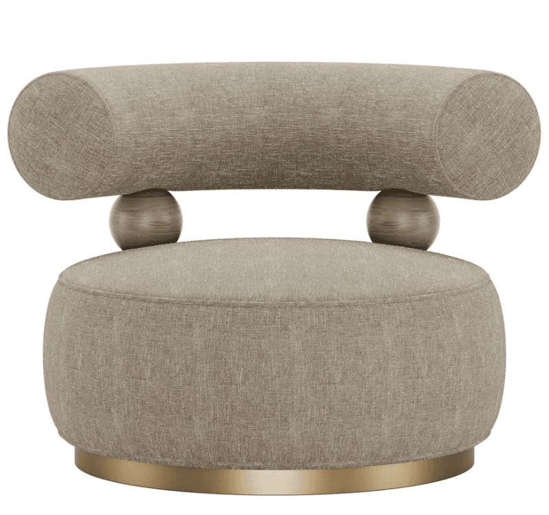 A modern, armless accent chair featuring a round upholstered seat and a separate cylindrical backrest. The backrest is supported by two spherical wooden elements, and the entire piece sits on a brushed brass plinth. The upholstery is a neutral, textured fabric. — 3D model