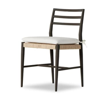 A modern black wooden dining chair featuring a woven natural rope seat and a removable white fabric cushion. The chair has a slatted backrest and straight legs with horizontal stretchers for stability. — 3D model