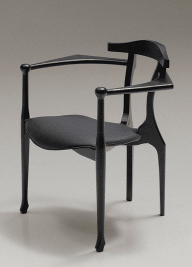A contemporary armchair featuring a sculptural black-stained wooden frame and an upholstered seat pad. The design integrates the armrests seamlessly into the backrest, creating a distinctive profile. The legs are subtly splayed, with the rear legs following the curvature of the back. — 3D model