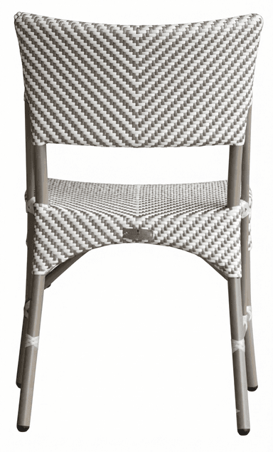 A bistro-style side chair featuring a frame designed to mimic bamboo, and a seat and backrest woven from synthetic rattan in a two-tone checkered pattern. The chair has a gently curved back for ergonomic support. — 3D model