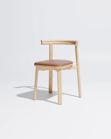 A minimalist chair made from light-colored wood featuring a gently curved backrest that integrates into armrests, and a padded brown leatherette seat. — 3D model