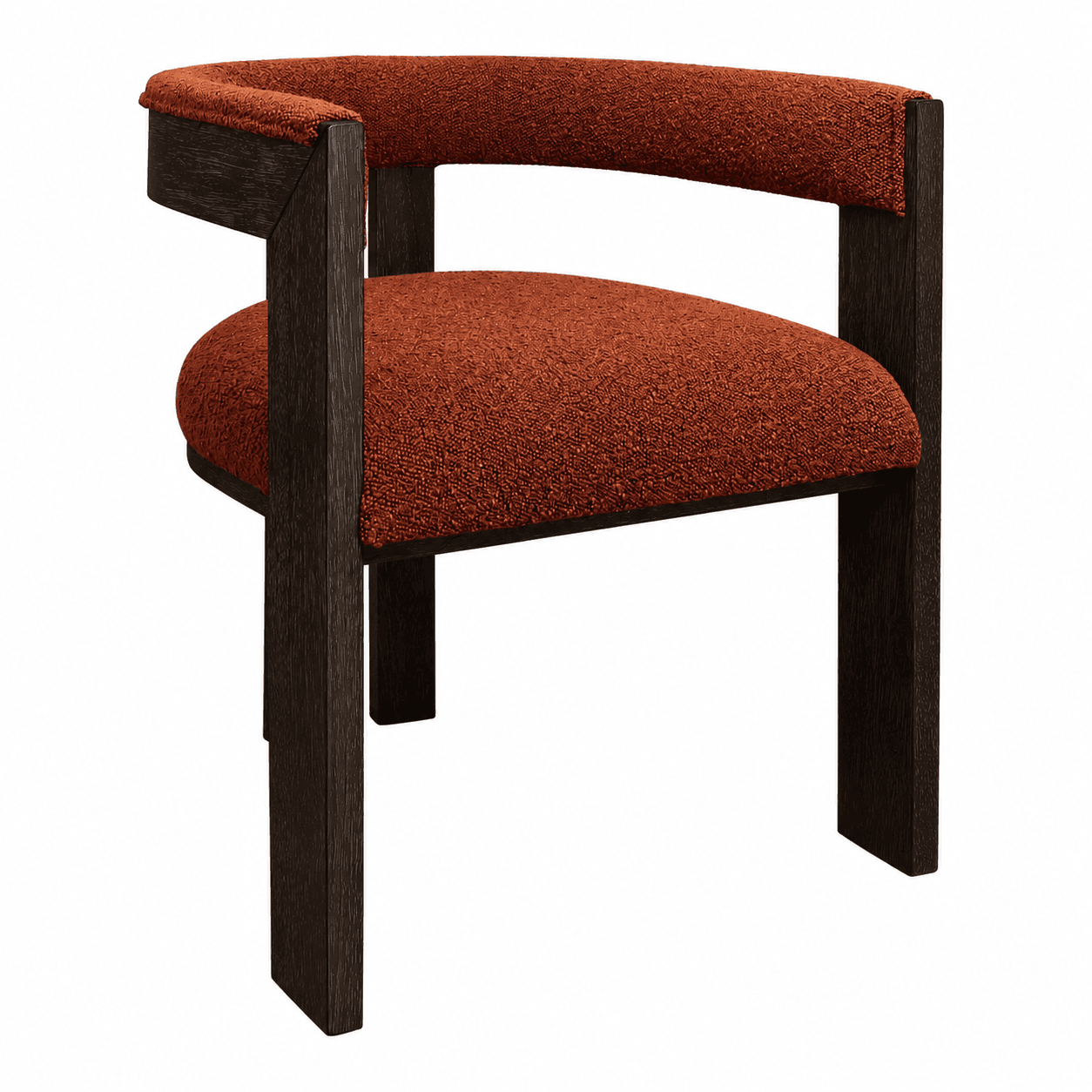 A contemporary armchair featuring a robust dark-stained wooden frame and textured rust-colored upholstery. The chair has a distinctive U-shaped backrest that flows into integrated armrests, providing a cohesive design. The seat is a rounded cushion, and the frame consists of straight, rectangular wooden members forming the legs and supporting structure, giving it a minimalist yet sturdy appearance. — 3D model
