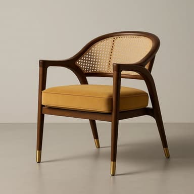 A wooden armchair with a curved backrest featuring cane webbing. The seat is upholstered with a mustard-yellow cushion. The legs are tapered and adorned with brass-colored caps at the bottom. — 3D model