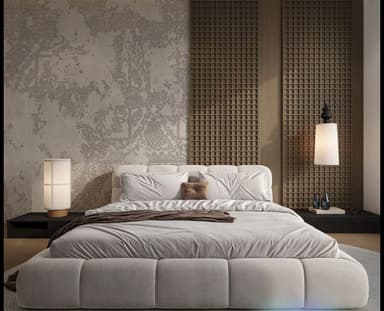 A light gray upholstered platform bed featuring an integrated padded headboard and a low-profile base, designed for modern interiors. — 3D model