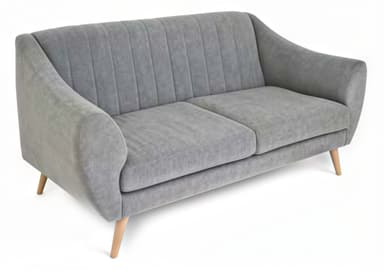 A gray upholstered two-seater sofa with a mid-century modern aesthetic, featuring channel tufting on the backrest and tapered wooden legs. — 3D model