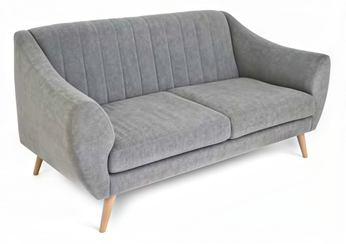 A gray upholstered two-seater sofa with a mid-century modern aesthetic, featuring channel tufting on the backrest and tapered wooden legs. — 3D model
