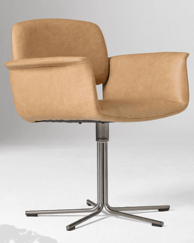A contemporary swivel armchair upholstered in tan leather, featuring a sleek, minimalist design and a brushed metal four-star pedestal base. — 3D model