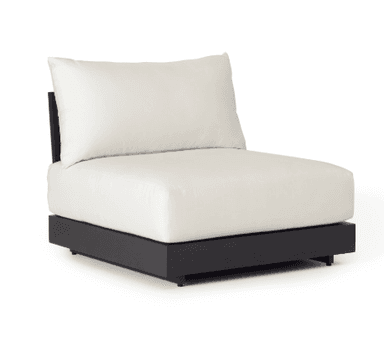 An outdoor modular armless chair unit featuring a dark gray powder-coated metal frame and a woven rope backrest in a matching dark gray color. The unit includes a thick, off-white upholstered seat cushion and a large, plush back cushion. The woven rope detail on the backrest provides a contemporary texture. The base is simple and low-profile, suitable for outdoor lounge arrangements. — 3D model