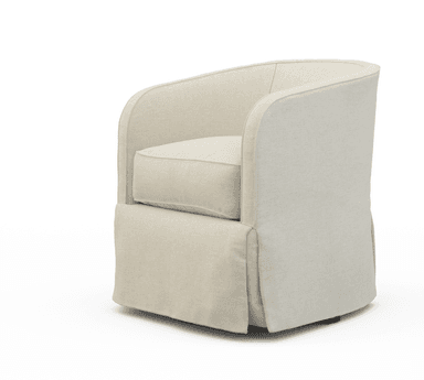 A cream-colored armchair with a rounded back and arms. The armchair features a plush seat cushion and a skirted base that drapes to the floor. The upholstery appears to be a textured fabric. — 3D model