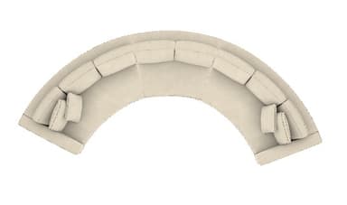 A contemporary, generously sized curved sectional sofa, upholstered in a light-colored, possibly off-white or beige, textured fabric. The sofa features a sweeping, semicircular form with wide, flat arms and five distinct seating sections. Each section has a loose seat cushion and a loose back cushion, accompanied by additional throw pillows at the ends. The sofa rests on dark, low-profile block feet, contributing to a clean, modern aesthetic. — 3D model