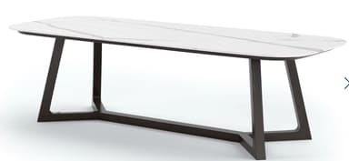 A modern dining table with a rectangular top and a dark wood base. The base features two angled legs connected by a lower stretcher with metal accents. The tabletop has a subtle bevel around its edge. — 3D model