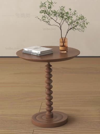 A round wooden table featuring a single, elaborately turned pedestal base and a circular plinth base, presented in a dark wood finish. — 3D model