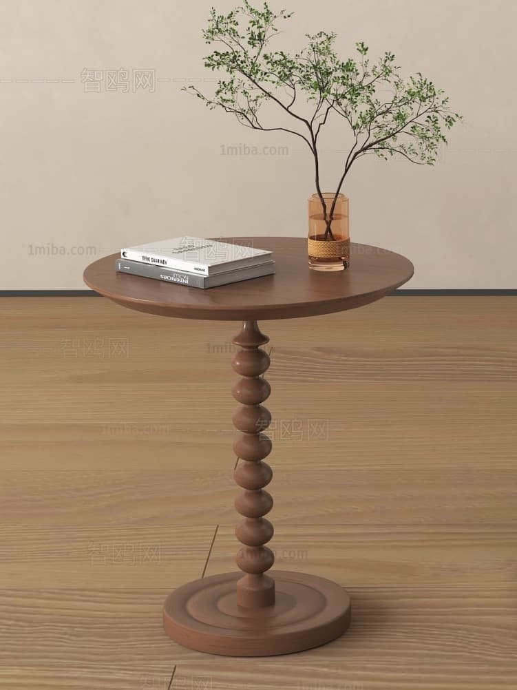 A round wooden table featuring a single, elaborately turned pedestal base and a circular plinth base, presented in a dark wood finish. — 3D model