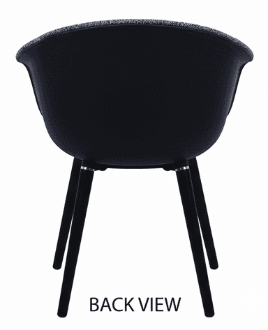 A contemporary dining armchair featuring a molded shell seat and back, fully upholstered in a speckled dark grey fabric, supported by four splayed, tapered black legs. — 3D model