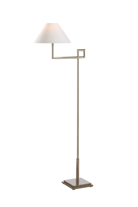 A modern floor lamp with a square base, a slender vertical pole, and an adjustable arm extending to the side to support a conical lampshade. The arm features a distinctive geometric detail. — 3D model