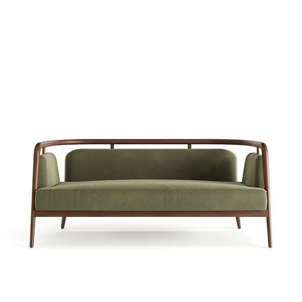 A contemporary loveseat featuring a prominent dark wood frame with a curved backrest and a minimalist design. The seating and back cushions are upholstered in an olive green fabric, contrasting with the warm tone of the wood. It is designed to seat two individuals comfortably. — 3D model
