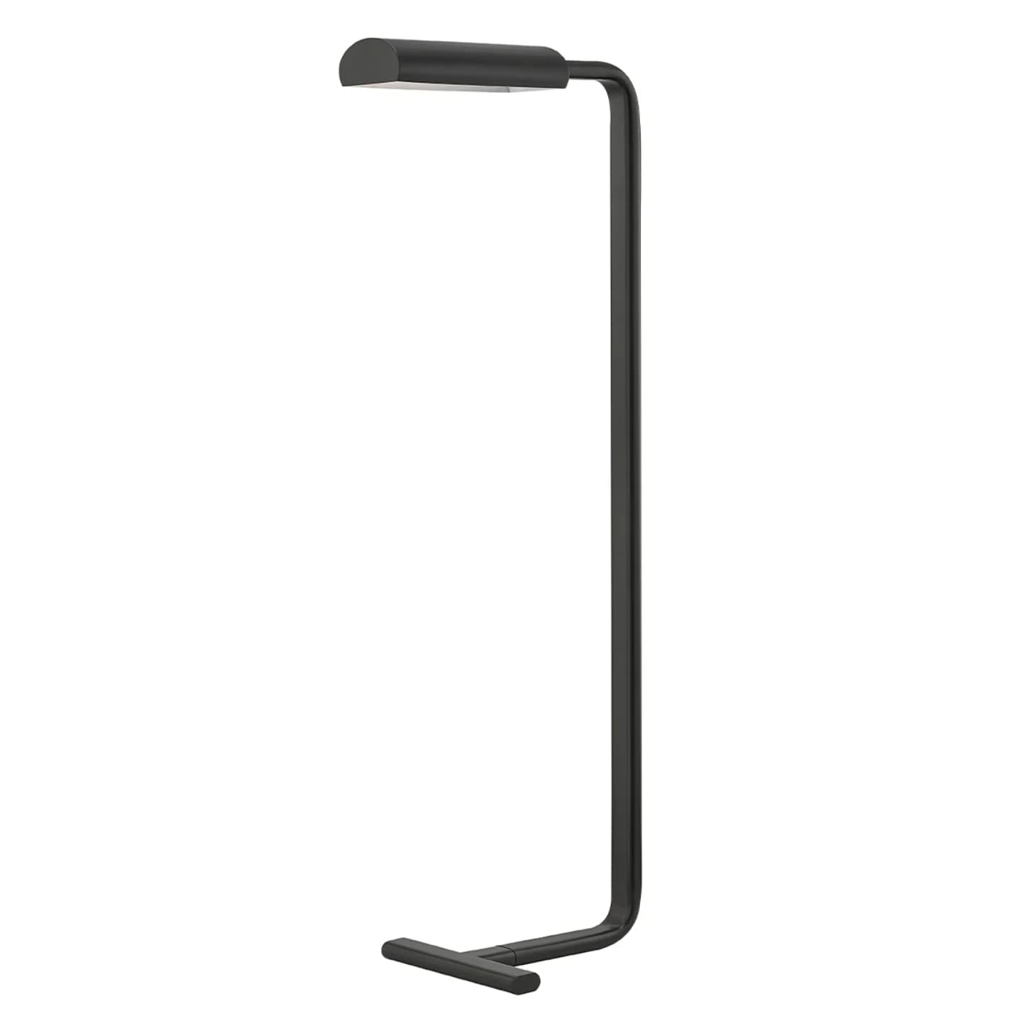 A sleek, modern floor lamp featuring an L-shaped black metal frame with an integrated LED light source at the top and a flat, rectangular base. — 3D model