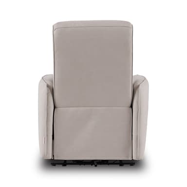 A contemporary recliner chair upholstered in a light beige, suede-like fabric, featuring a high back with an integrated headrest and plush, rolled armrests, designed for comfort and relaxation. — 3D model