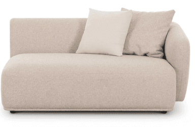 A contemporary right-arm modular sectional sofa component, upholstered in a light beige boucle-like fabric. It features a low-profile design with a continuous backrest that curves down to form a right armrest. The seat cushion is integrated, and the piece is supported by discreet low-profile feet. Two throw pillows, one beige and one off-white, are placed against the backrest. — 3D model