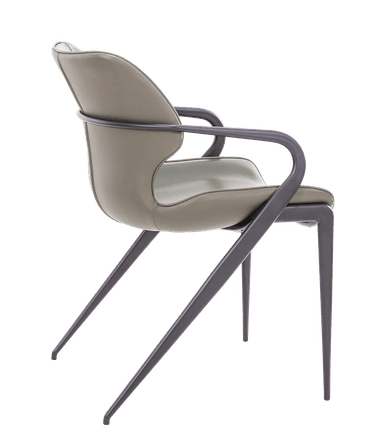 A modern armchair with a sculpted seat and backrest, supported by a dark, angular frame with four tapered legs. The seat and back are upholstered in a smooth, matte, olive-green material with visible stitching details on the backrest. The armrests are integrated into the frame, forming a continuous loop with the back support. — 3D model