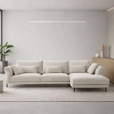 A modern L-shaped sectional sofa featuring an integrated chaise lounge, upholstered in a light beige textured fabric, and supported by slim black metal legs. — 3D model