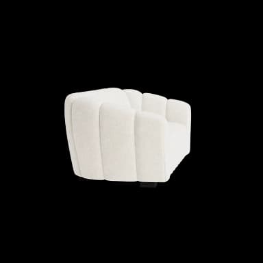 A plush, cream-colored sofa with a channel-tufted design. The sofa features rounded armrests and a continuous backrest, all upholstered in a textured fabric. It appears to be a three-seater or larger. — 3D model