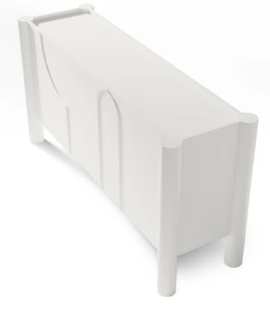 A modern white sideboard with a curved front panel and distinct vertical detailing. It features four cylindrical legs and a clean, minimalist design. The top surface appears flat and continuous. — 3D model
