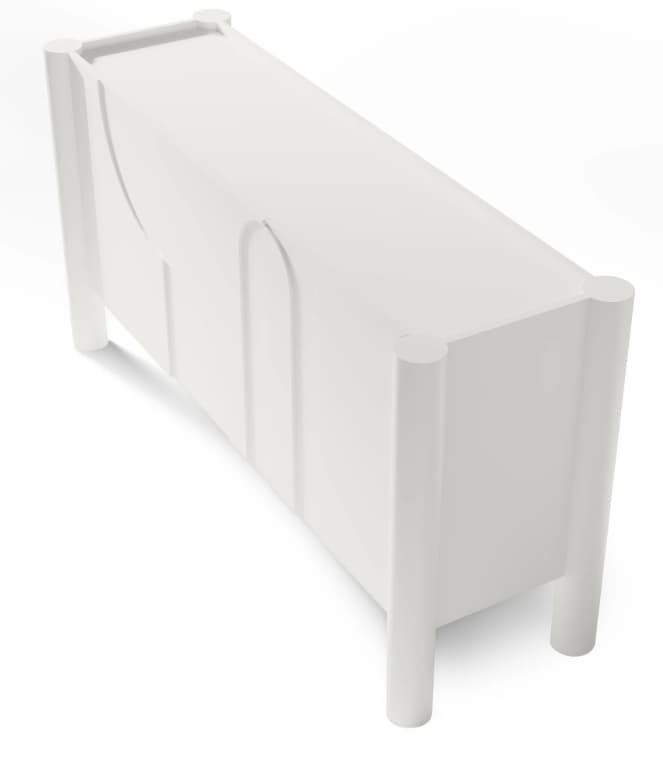 A modern white sideboard with a curved front panel and distinct vertical detailing. It features four cylindrical legs and a clean, minimalist design. The top surface appears flat and continuous. — 3D model