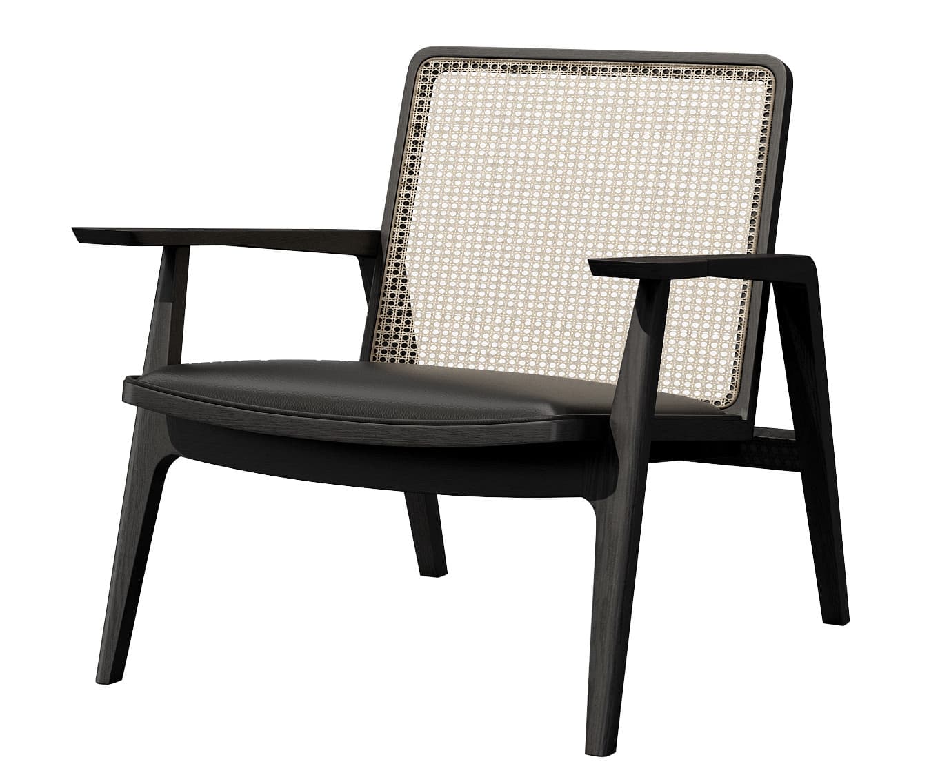 A modern armchair with a dark wood frame and cane back. The seat is upholstered in black material, likely leather or faux leather. The frame has clean lines, with angled legs and armrests. — 3D model