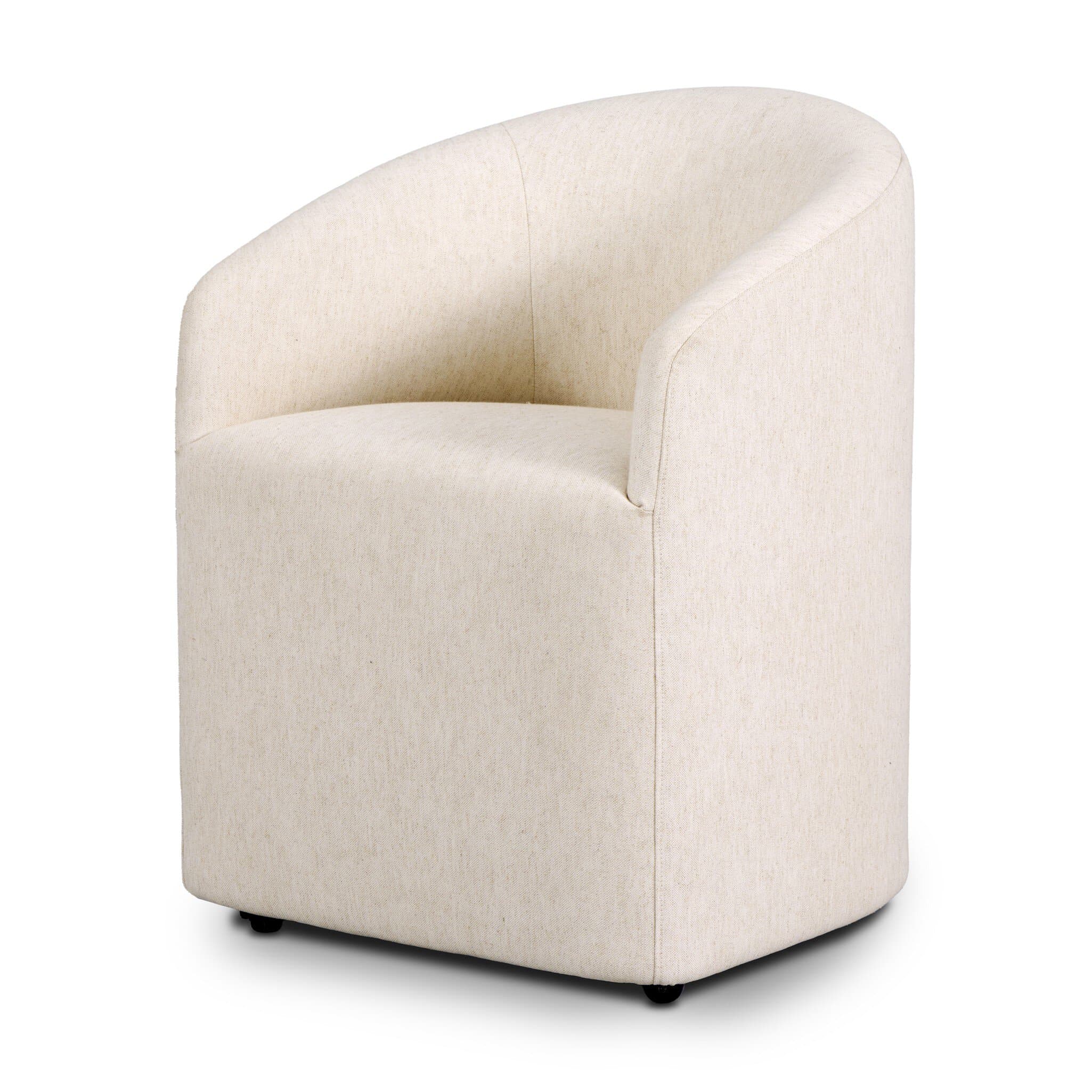A contemporary barrel-shaped accent chair, fully upholstered in a cream-colored, textured fabric. The chair features a continuous, rounded backrest that flows seamlessly into integrated arms, creating a cohesive, inviting silhouette. The base is minimalist with small, recessed black feet, maintaining a clean and low-profile aesthetic. — 3D model