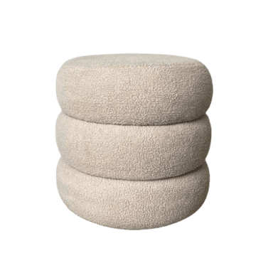 An off-white, cream-colored ottoman featuring a unique design composed of three stacked, rounded, cylindrical forms. It is upholstered in a textured bouclé fabric, giving it a soft and inviting appearance. The overall shape is sculptural and modern. — 3D model
