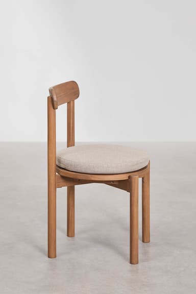 A wooden chair with a curved backrest and a circular upholstered seat. The chair features a minimalist design with four cylindrical legs and a circular wooden base supporting the seat. — 3D model