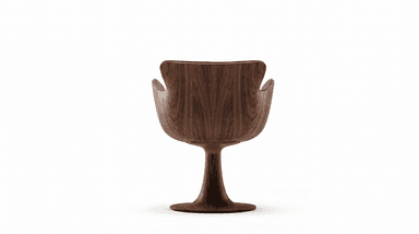 A modern lounge chair featuring a dark wood shell and black leather upholstery, supported by a sculptural pedestal base. — 3D model