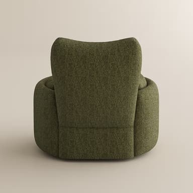 A contemporary, fully upholstered armchair featuring a rich olive-green boucle fabric. It includes an integrated reclining mechanism with an extended footrest and is mounted on a dark, circular swivel base. A matching lumbar cushion provides additional support. — 3D model