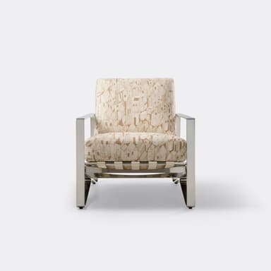A modern lounge chair featuring a polished metal frame with integrated armrests and supportive back webbing, complemented by thick upholstered cushions in a beige and brown geometric pattern. — 3D model