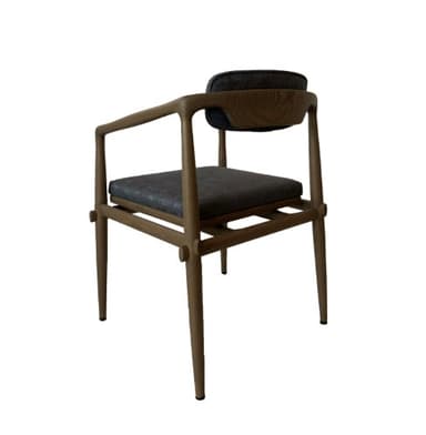 A wooden armchair with upholstered seat and backrest. The chair has a minimalist design with a gently curved back and straight legs. The armrests extend from the back to the front of the seat. — 3D model