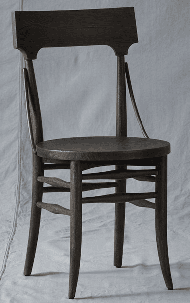A dark-stained solid wood chair with a gently curved backrest panel and a round seat. The frame features bentwood-style construction with turned legs and connecting stretchers, presenting a classic, minimalist aesthetic. — 3D model