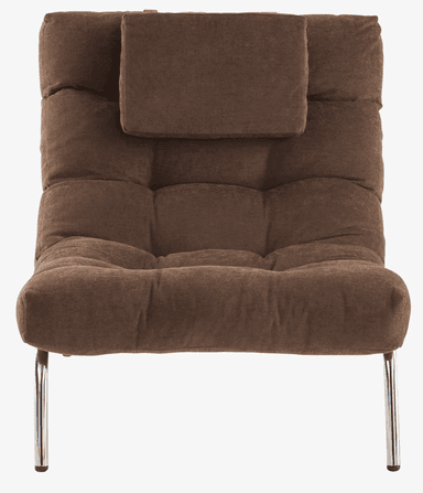 A contemporary lounge chair with a tufted upholstered seat and back, supported by a polished chrome metal frame. It features a reclining backrest and includes a separate headrest cushion. — 3D model