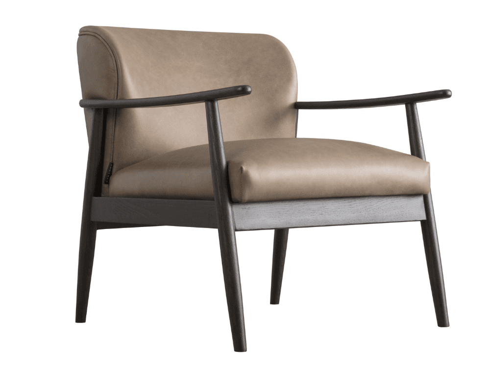 A modern upholstered armchair featuring a curved backrest and rounded armrests, supported by a dark-stained exposed wood frame. The seat and back cushions are covered in a light taupe leather. — 3D model