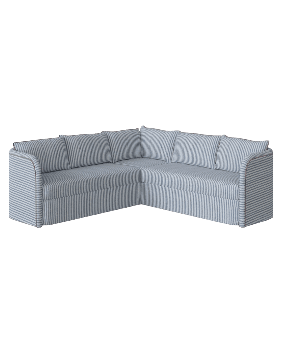 A sectional sofa with a light blue and white striped upholstery. The sofa features multiple seating sections and back cushions. It has a rounded armrest on the right side and a clean, modern design. — 3D model