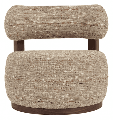 A modern accent chair featuring a distinctive design with a rounded, cylindrical upholstered backrest and a circular upholstered seat. The chair is covered in a textured, boucle-style fabric with a mixed weave of light and dark threads, creating a speckled appearance. The backrest is supported by dark wooden posts that connect to the wooden base beneath the seat. The base itself is a dark, circular wooden platform, providing stability and a contrasting element to the upholstery. The overall form is compact and inviting. — 3D model