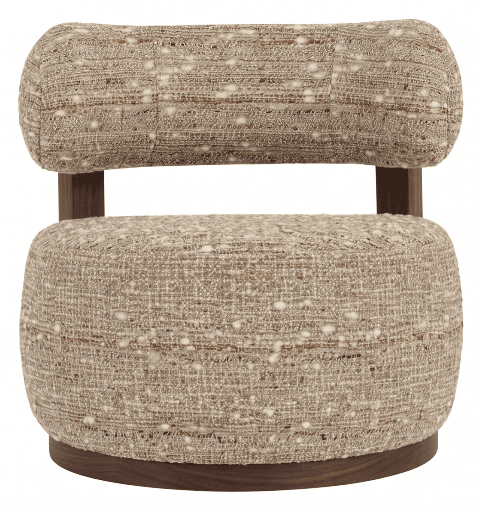 A modern accent chair featuring a distinctive design with a rounded, cylindrical upholstered backrest and a circular upholstered seat. The chair is covered in a textured, boucle-style fabric with a mixed weave of light and dark threads, creating a speckled appearance. The backrest is supported by dark wooden posts that connect to the wooden base beneath the seat. The base itself is a dark, circular wooden platform, providing stability and a contrasting element to the upholstery. The overall form is compact and inviting. — 3D model
