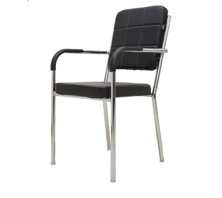 A contemporary office armchair featuring a chrome-plated metal frame and black faux leather upholstery. The seat and backrest are padded, with the backrest exhibiting a square tufted pattern. Integrated armrests are part of the frame, topped with black upholstered pads. — 3D model